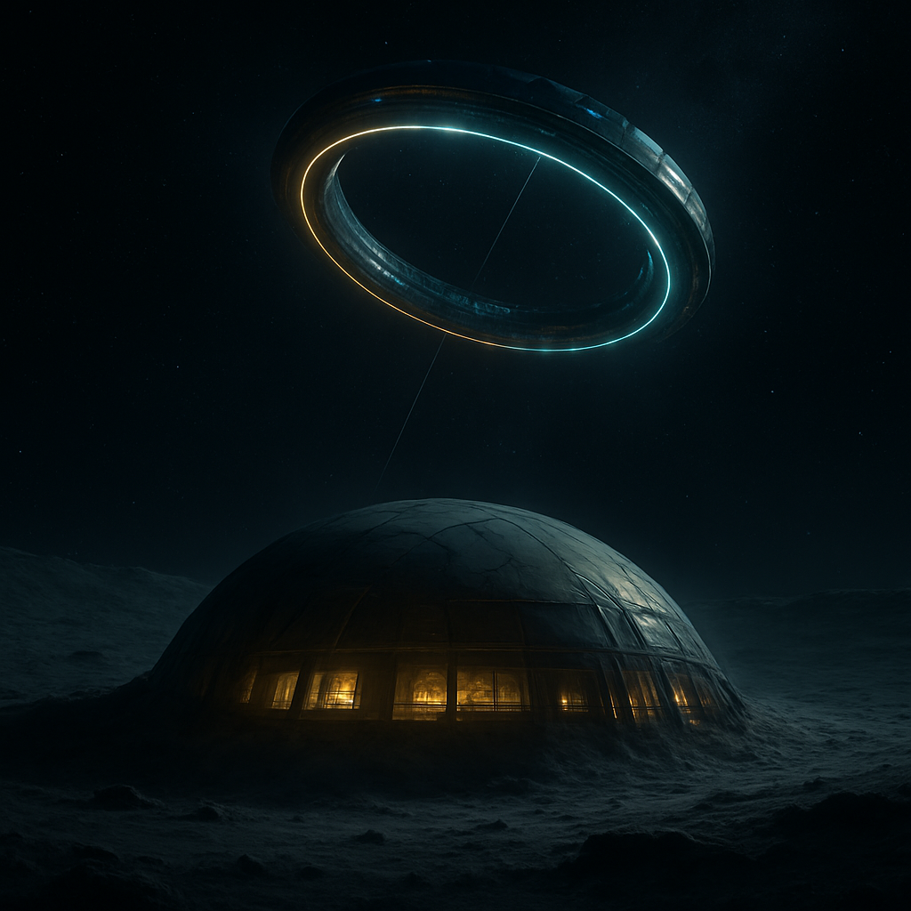 A massive regolith-buried Terra-Dome habitat half-buried in the lunar surface, with a glowing tethered rotating gyre ring suspended in orbit above it against a deep-space starfield.